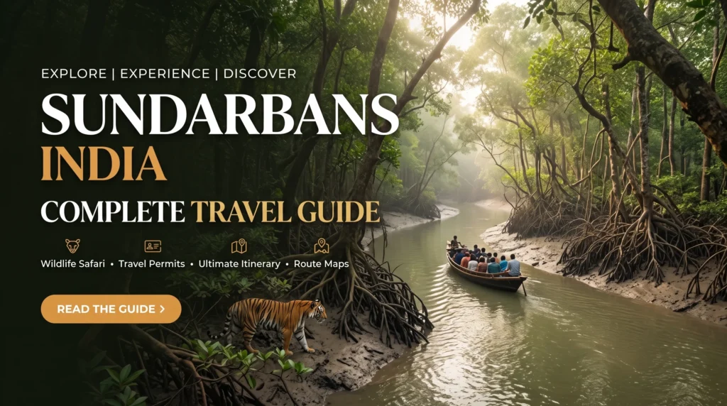 Sundarbans India Complete Travel Guide website banner featuring a Royal Bengal Tiger on a muddy bank and a tourist boat in a dense mangrove river during sunrise.